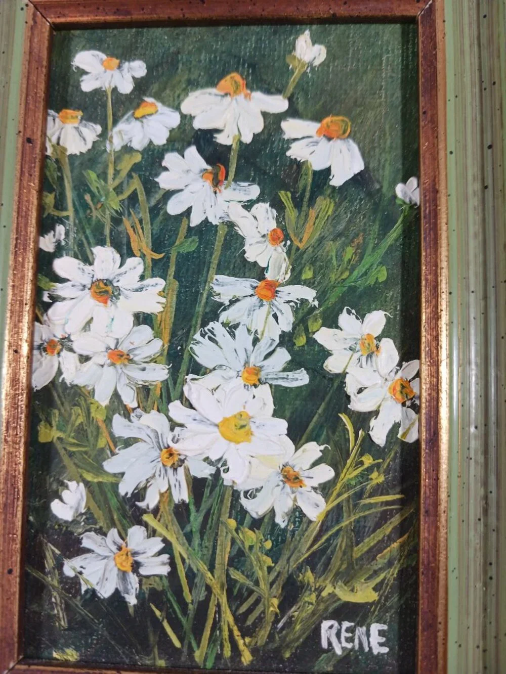 Vintage Oil Painting Daisy By Rene Small Framed Wall Decor